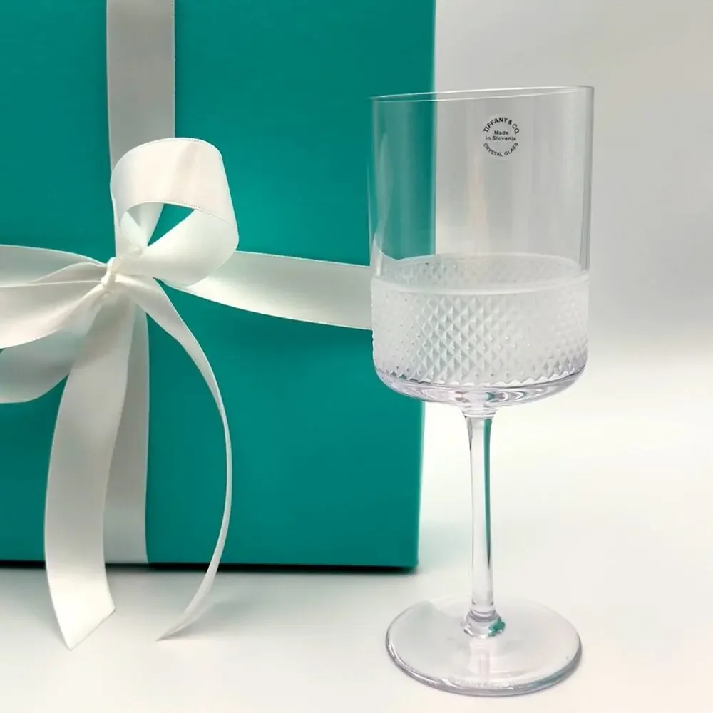 NEW - Tiffany & Co. Diamond Point Lead Crystal Wine Glass Clear Slovenia W/ Box